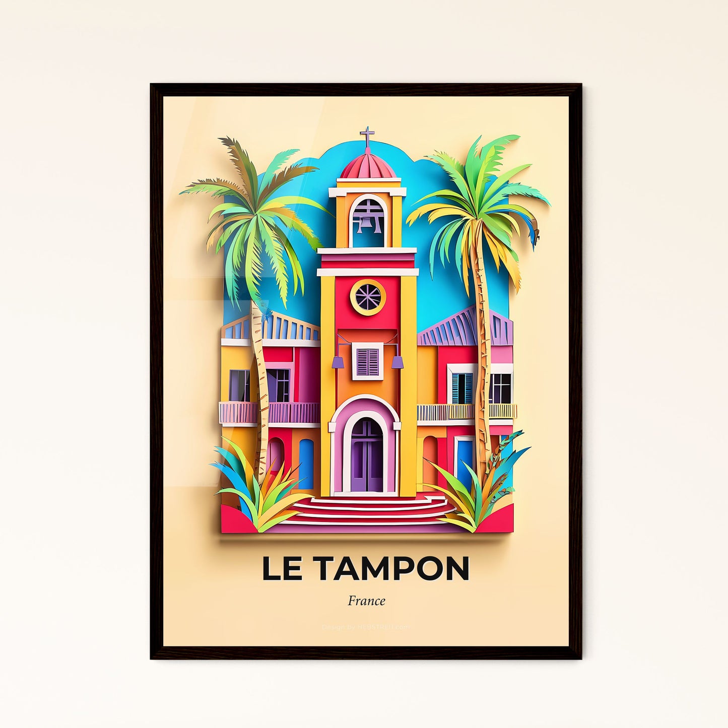 Vivid Le Tampon, France - a colorful building with a clock tower and palm trees