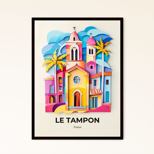 Vivid Le Tampon, France - a colorful church with palm trees and a blue sky