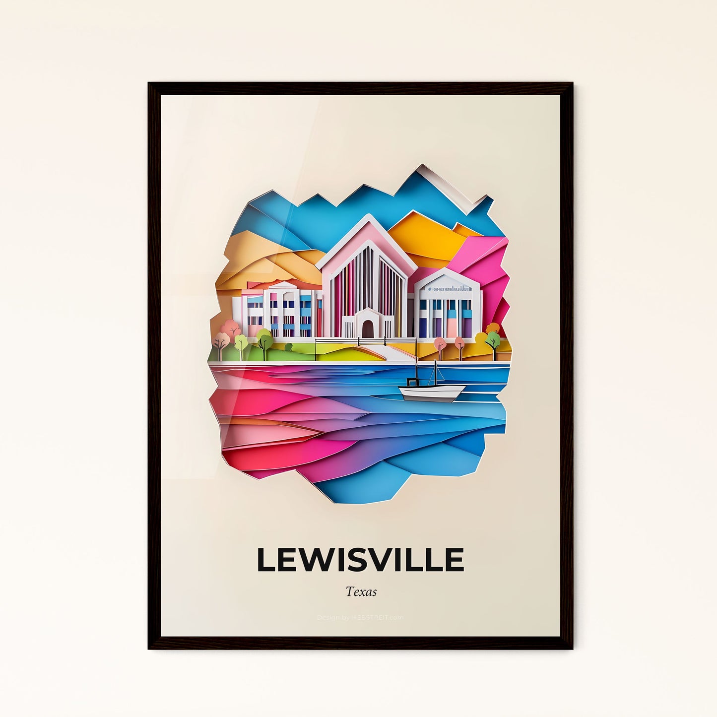 Vivid Lewisville, Texas - a paper cut of a city with a boat