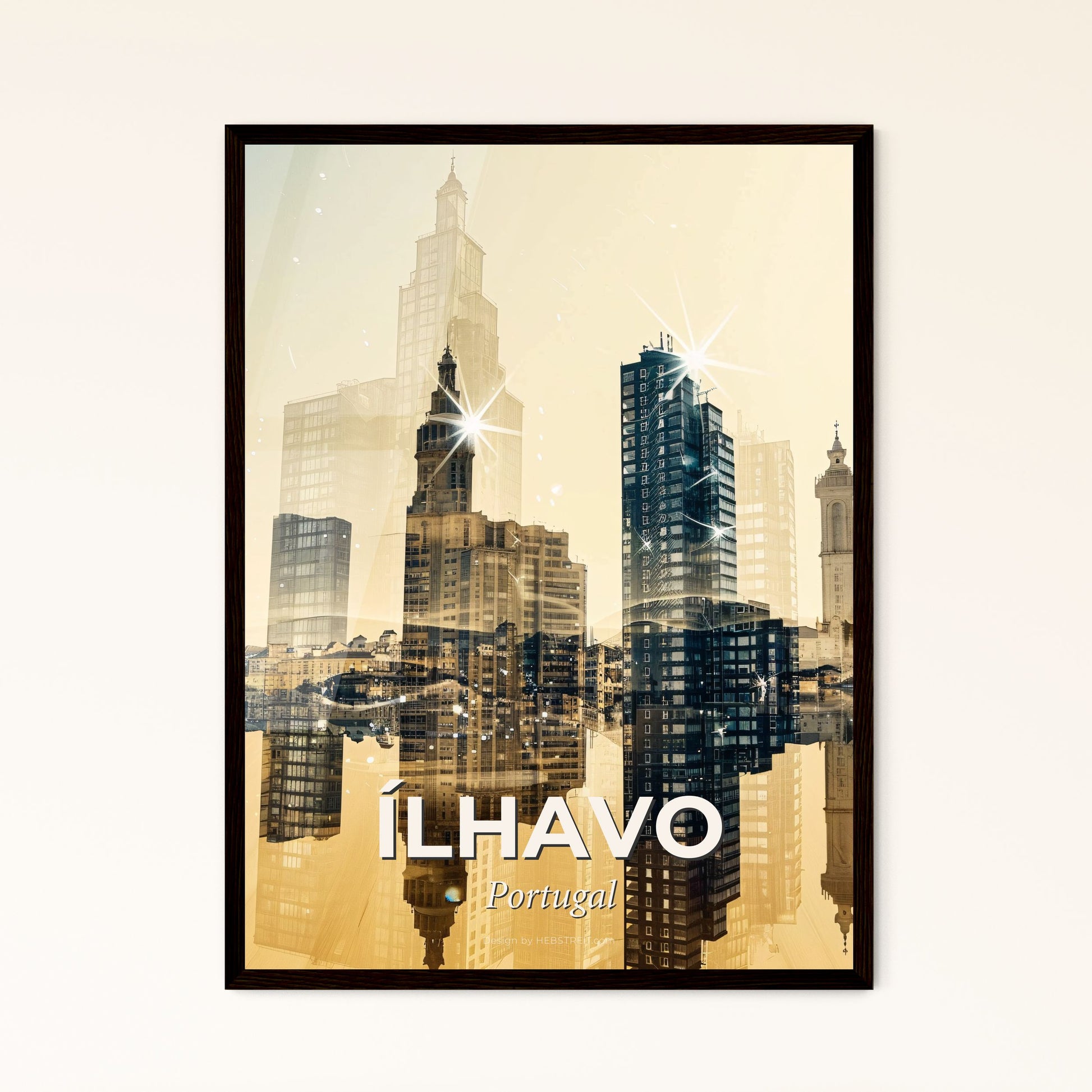 Ãlhavo skyline double exposure poster art - A city skyline with many buildings