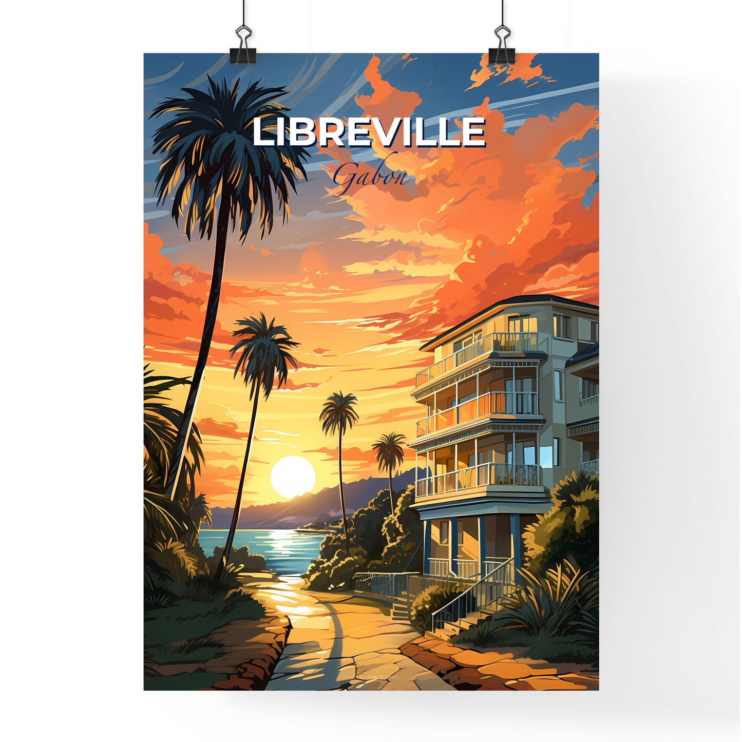 Vibrant Painting of Libreville, Gabon Skyline with Beachfront Building, Palm Trees, and Sunset Default Title