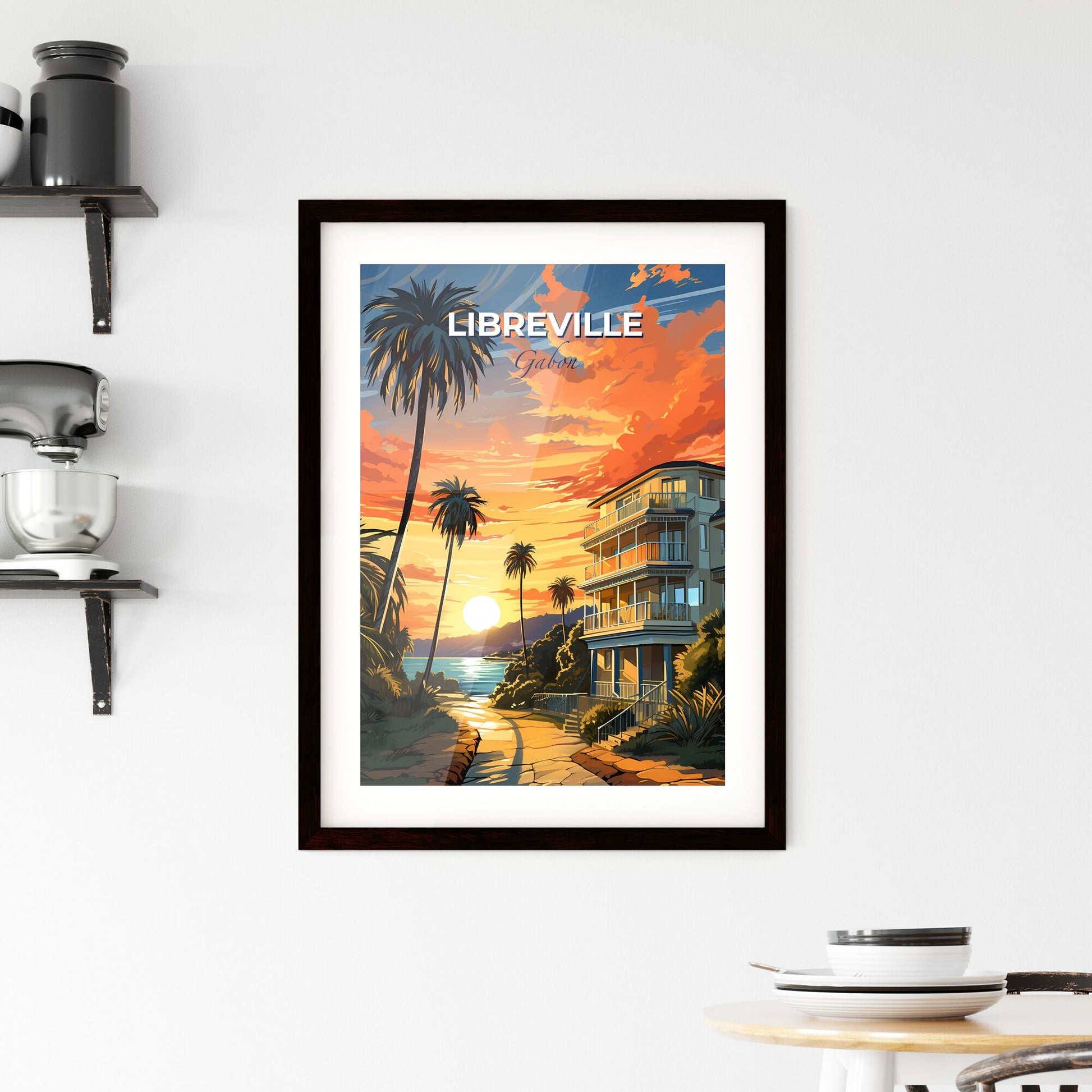 Vibrant Painting of Libreville, Gabon Skyline with Beachfront Building, Palm Trees, and Sunset Default Title