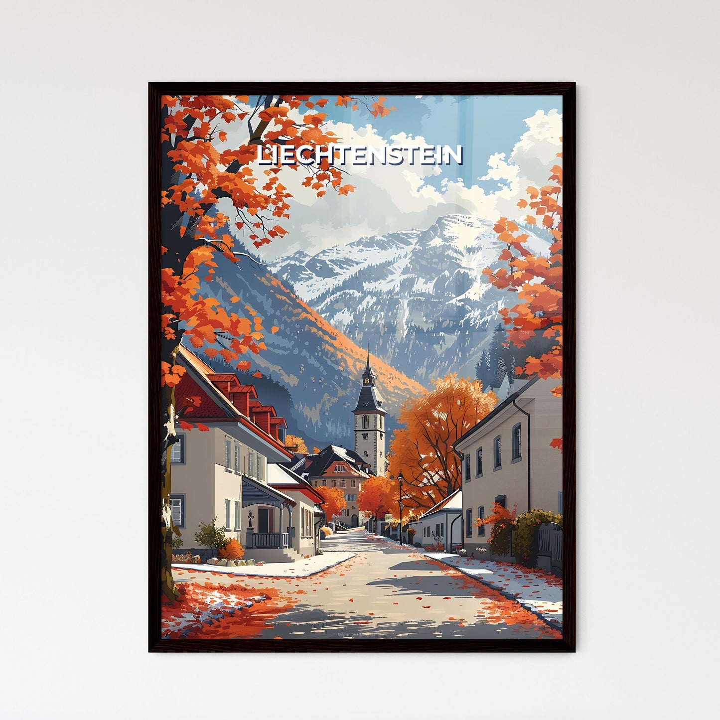 Liechtenstein, Europe - Vibrant Street View with Orange Trees and Panoramic Mountain Scenery (Art Focus)