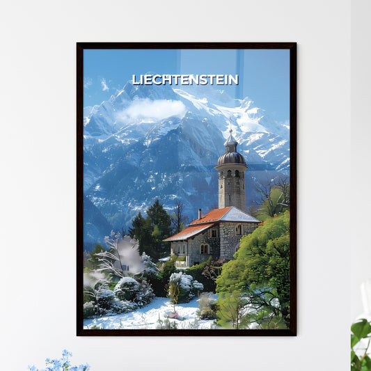 Vibrant Art Painting of a Towered Building amidst Snowy Mountains in Liechtenstein, Europe