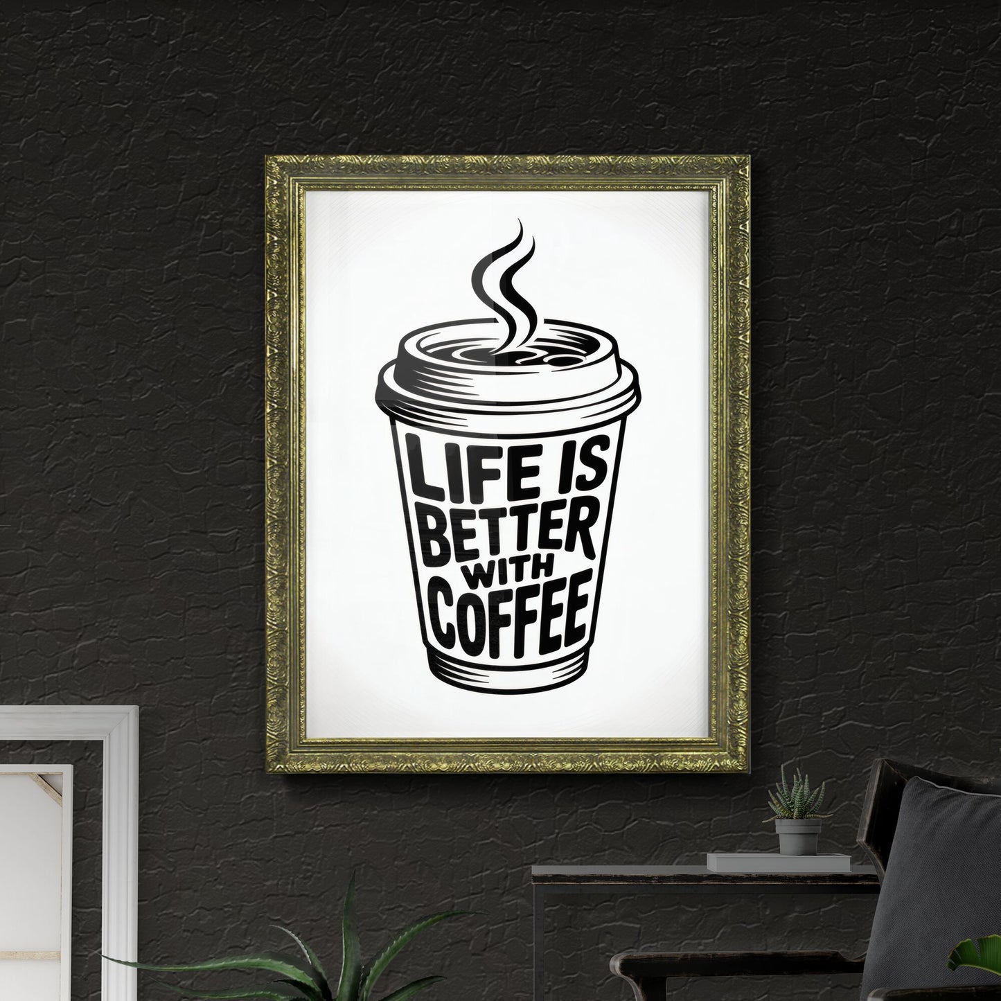 Life is Better with Coffee: Inspirational Coffee Cup Design for Enthusiasts and Cafés.