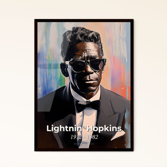 Portrait of Lightnin' Hopkins, 1912 - 1982. Impressionistic painting of a man in a suit and sunglasses.