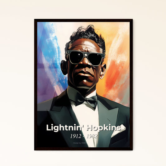 Portrait of Lightnin' Hopkins, 1912 - 1982. Impressionistic painting of a man in a suit and sunglasses.