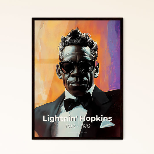 Portrait of Lightnin' Hopkins, 1912 - 1982. Impressionistic painting of a man in a tuxedo and sunglasses.