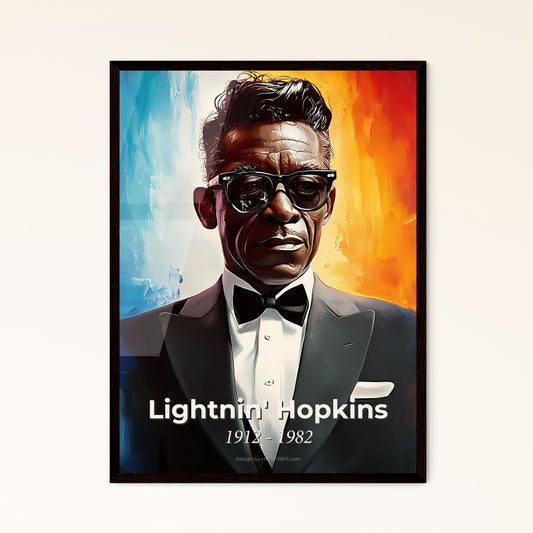 Portrait of Lightnin' Hopkins, 1912 - 1982. Impressionistic painting of a man in a tuxedo and sunglasses.