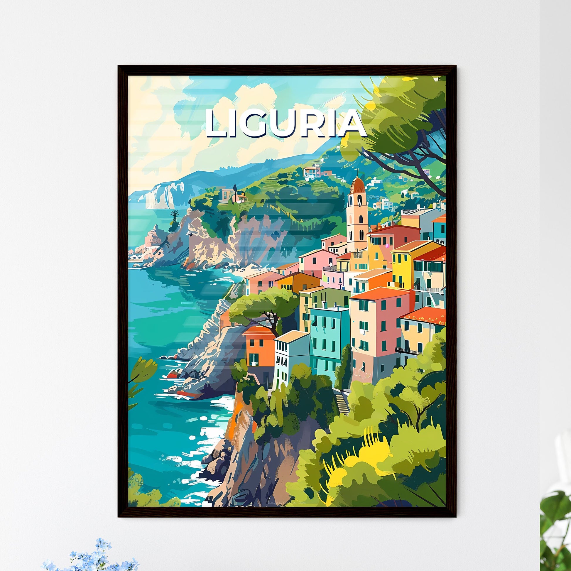 Colorful Liguria Italy Travel Art Print: Painting of Vibrant Buildings on Cliff by Ocean Framed Art