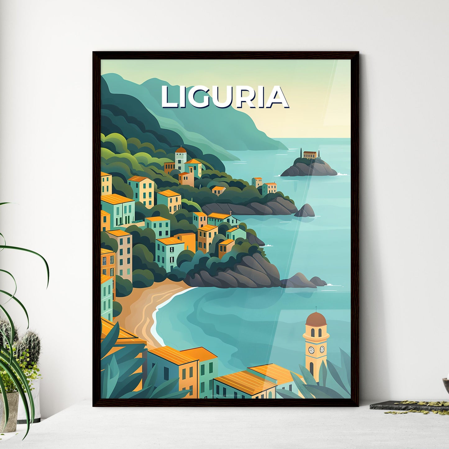 Liguria, Italy Town Art Print - Cartoon Hill Town by the Sea Painting Framed Art
