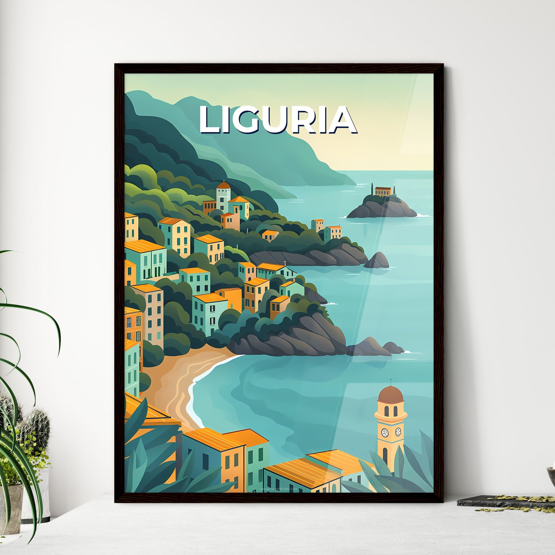 Liguria, Italy Town Art Print - Cartoon Hill Town by the Sea Painting Framed Art