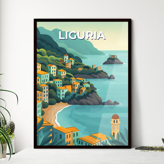 Liguria, Italy Town Art Print - Cartoon Hill Town by the Sea Painting Framed Art