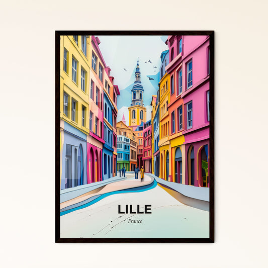 Vivid Lille, France - a painting of a street with a clock tower in the background