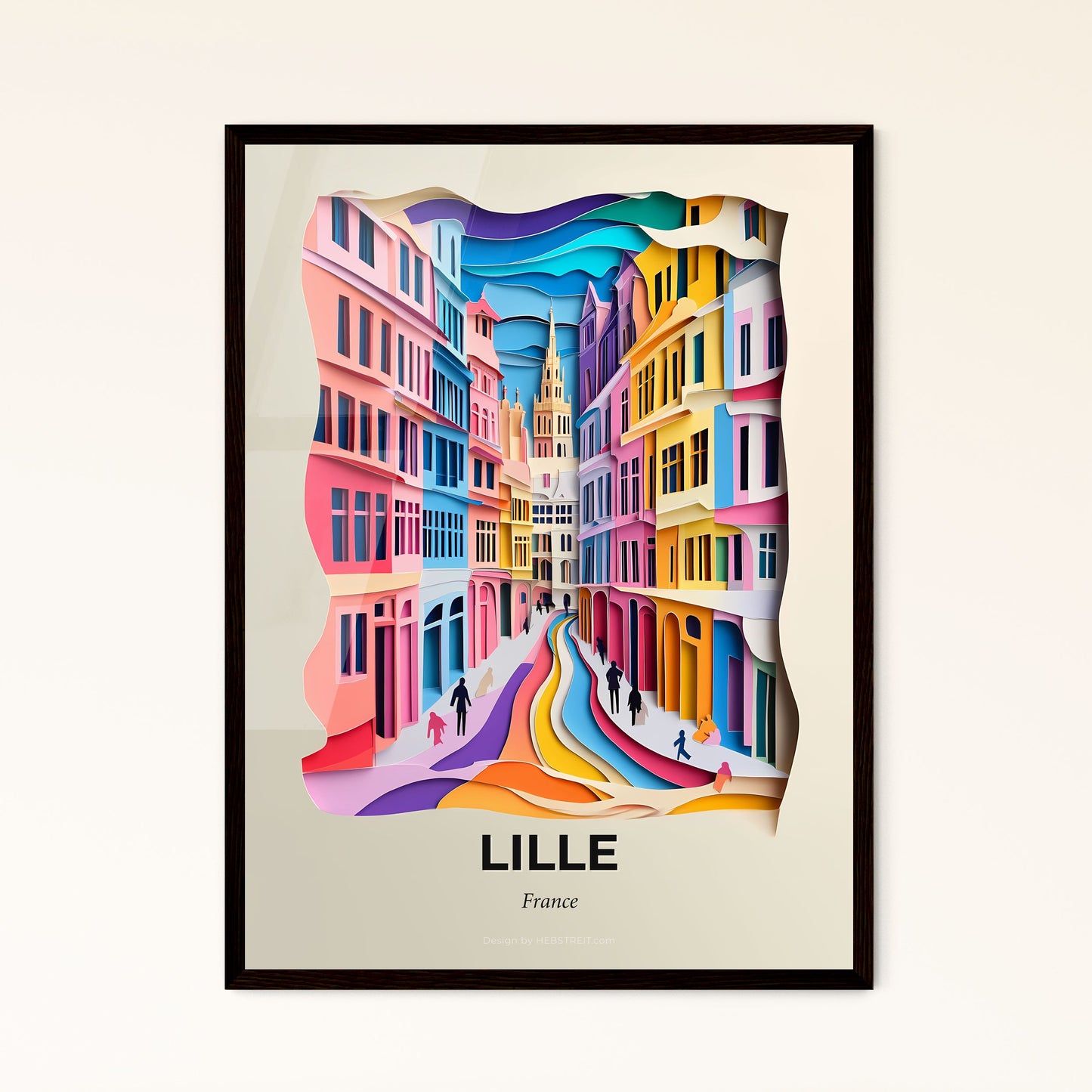 Vivid Lille, France - a colorful city street with people walking down it