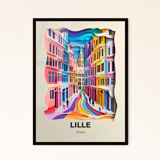 Vivid Lille, France - a colorful city street with people walking down it