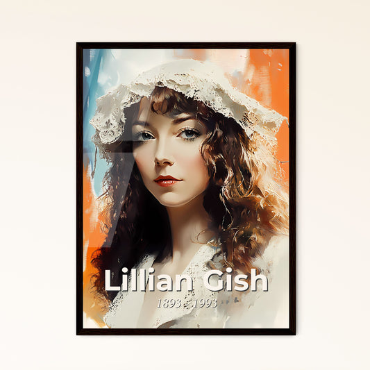 Portrait of Lillian Gish, 1893 - 1993. Impressionistic painting of a woman with a white hat.