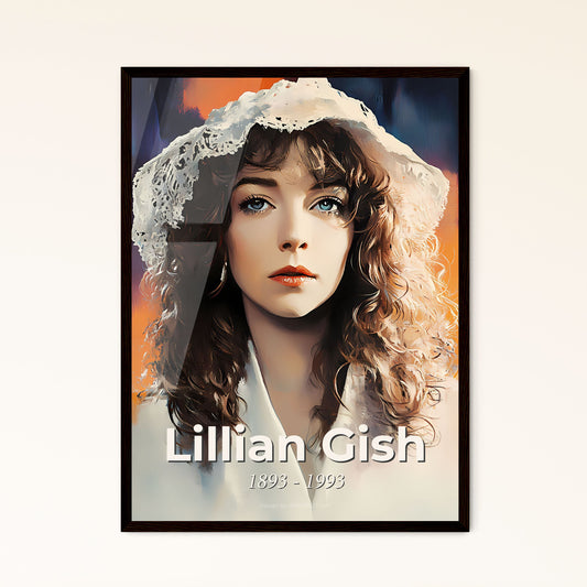 Portrait of Lillian Gish, 1893 - 1993. Impressionistic painting of a woman with curly hair wearing a white hat.