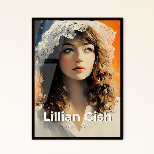 Portrait of Lillian Gish, 1893 - 1993. Impressionistic painting of a woman with curly hair wearing a white shirt and lace hat.