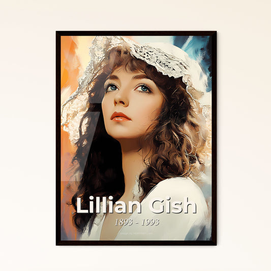 Portrait of Lillian Gish, 1893 - 1993. Impressionistic painting of a woman wearing a white hat.