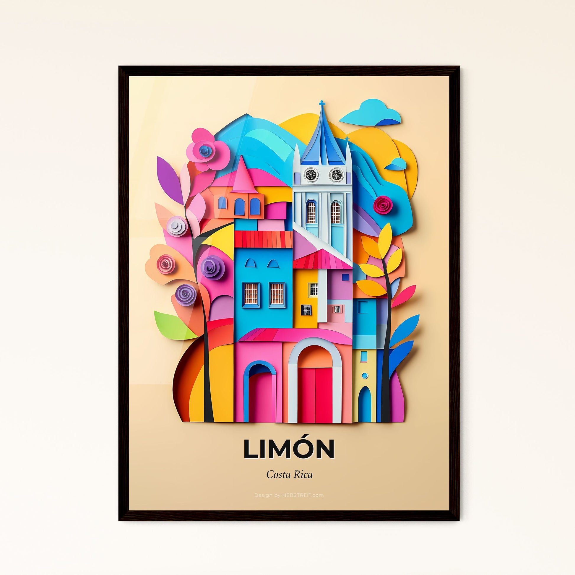 Vivid Limón, Costa Rica - a colorful paper cut of a church with a tree