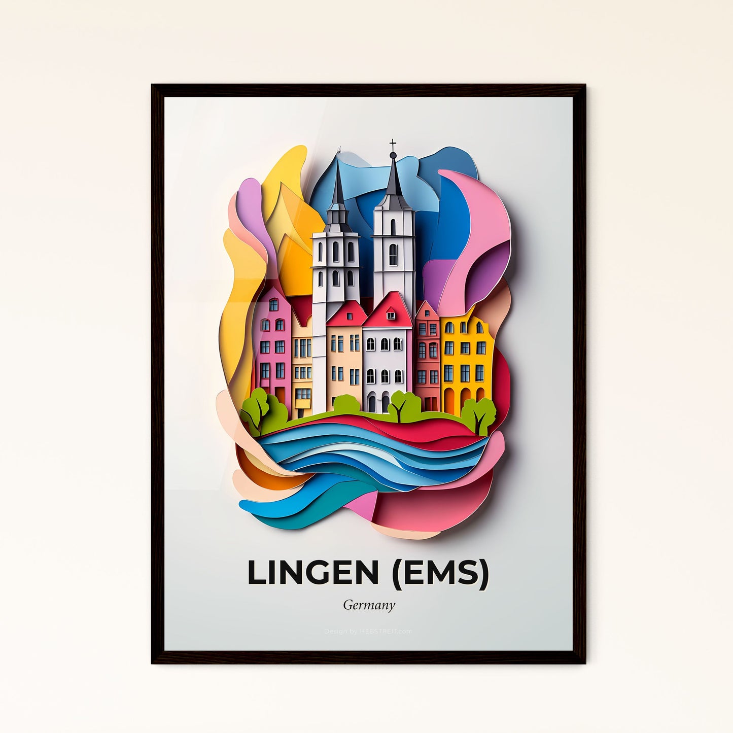 Vivid Lingen (Ems), Germany - a paper cut of a city with a river