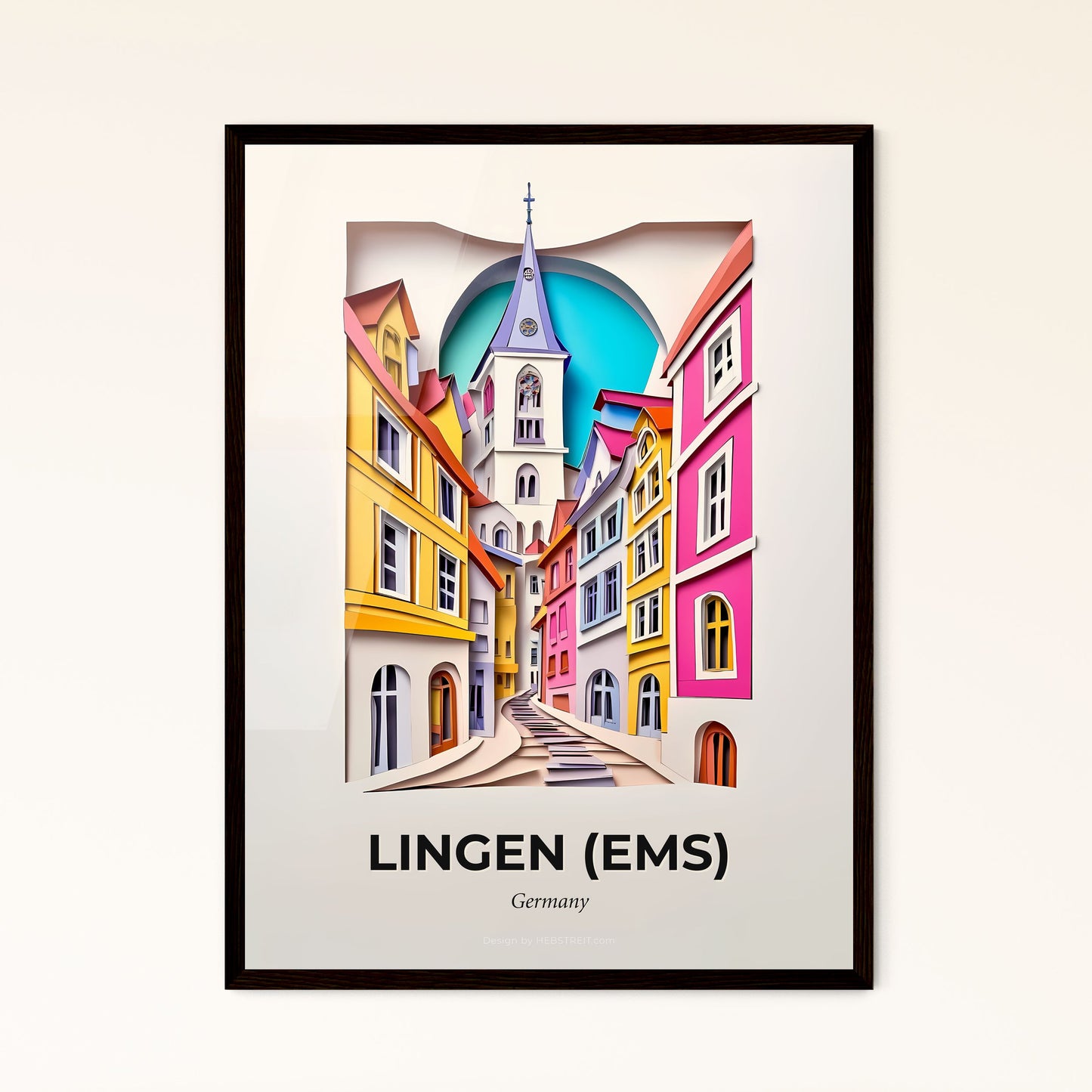 Vivid Lingen (Ems), Germany - a paper cut of a street with a clock tower