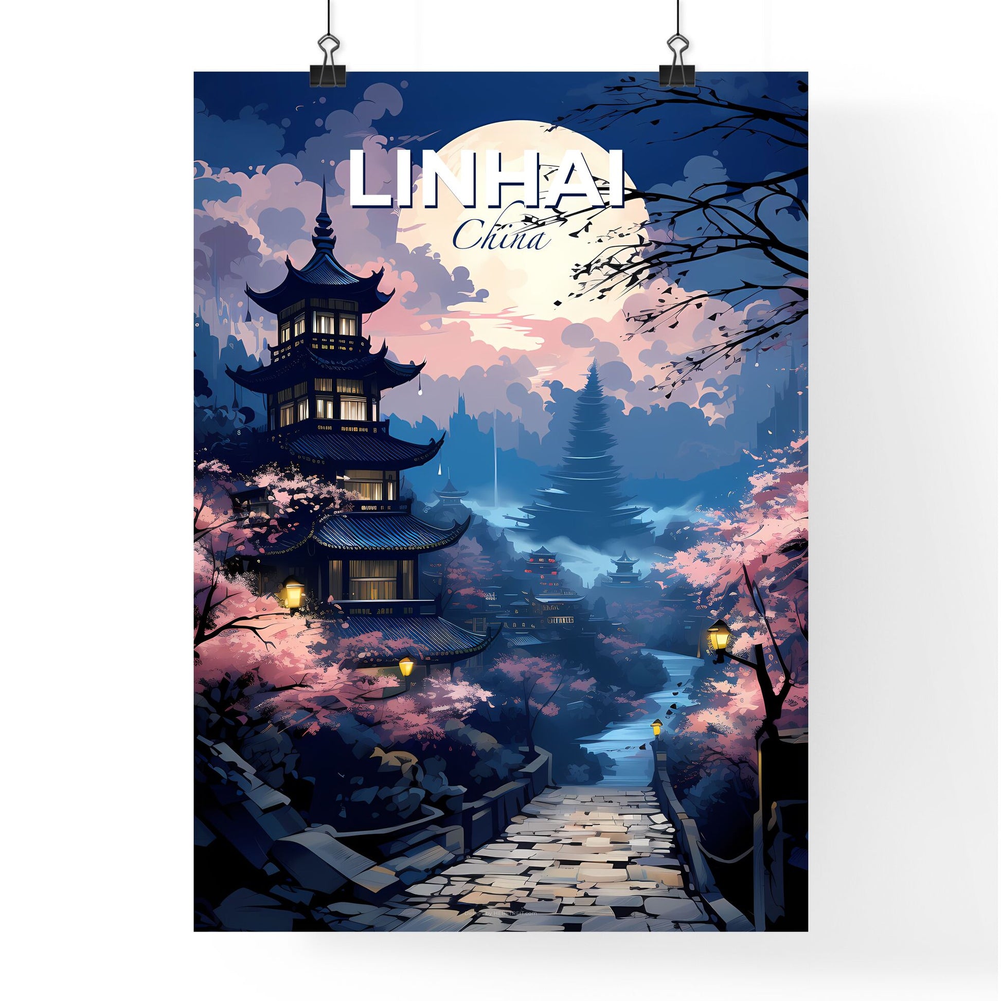 Linhai China Skyline: Explore the Beauty of a Forest Pagoda Painting Default Title