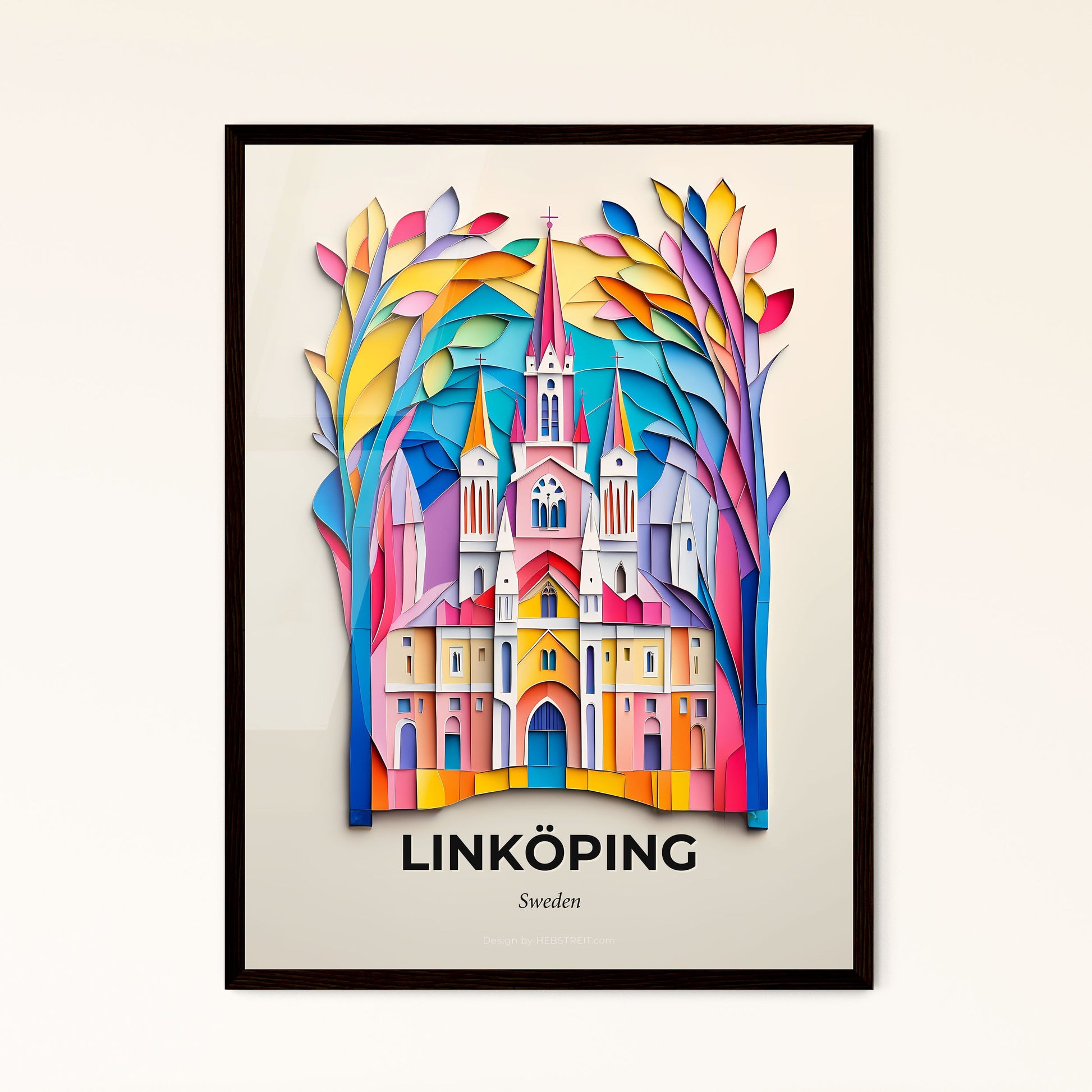 Vivid Linköping, Sweden - a colorful paper cut of a church with trees