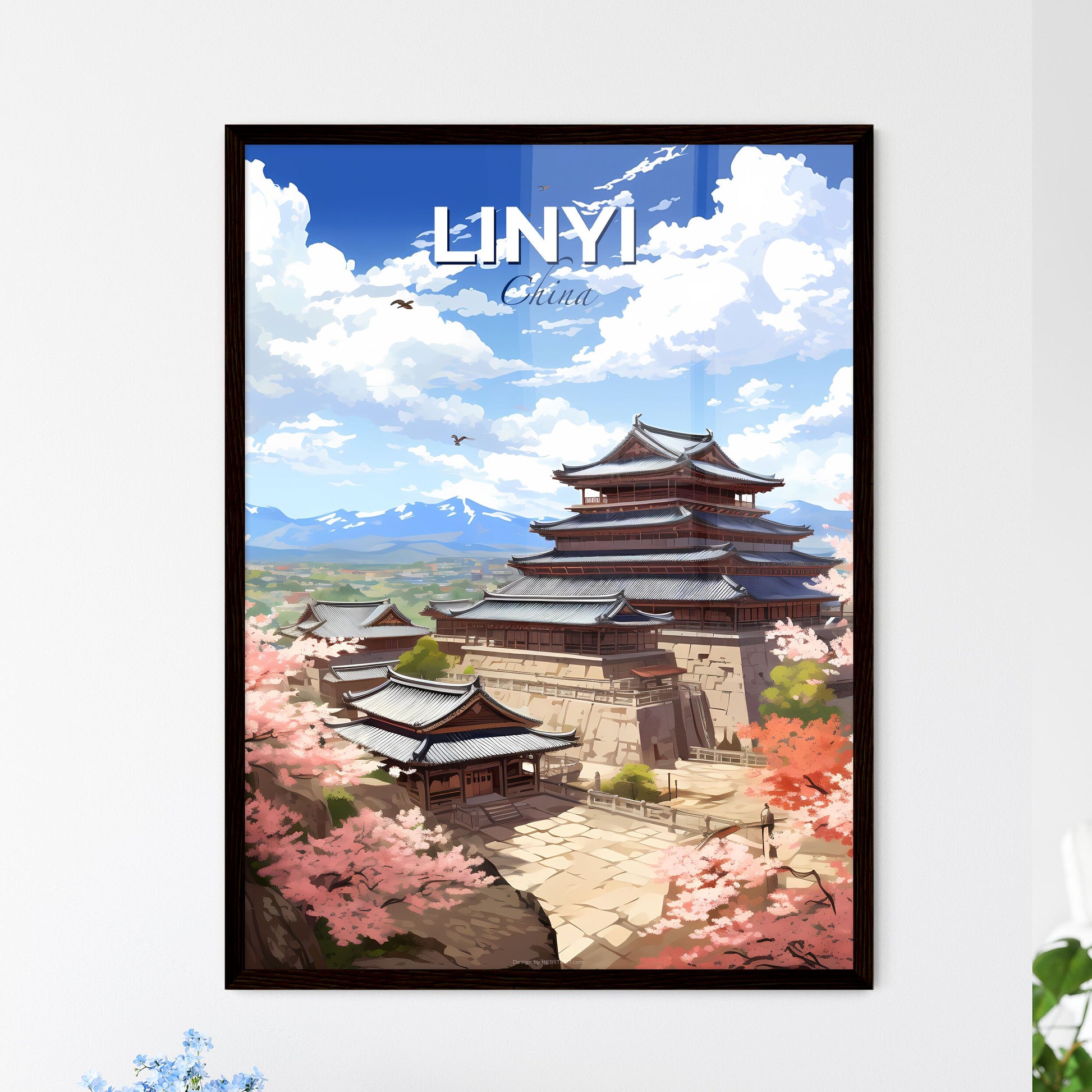 Painting of Linyi China Skyline featuring a Pagoda and Cherry Blossoms in Vibrant Colors Default Title