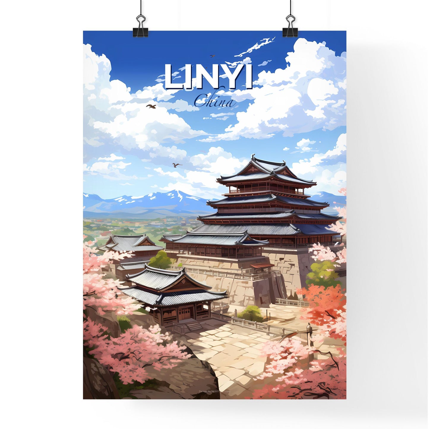 Painting of Linyi China Skyline featuring a Pagoda and Cherry Blossoms in Vibrant Colors Default Title