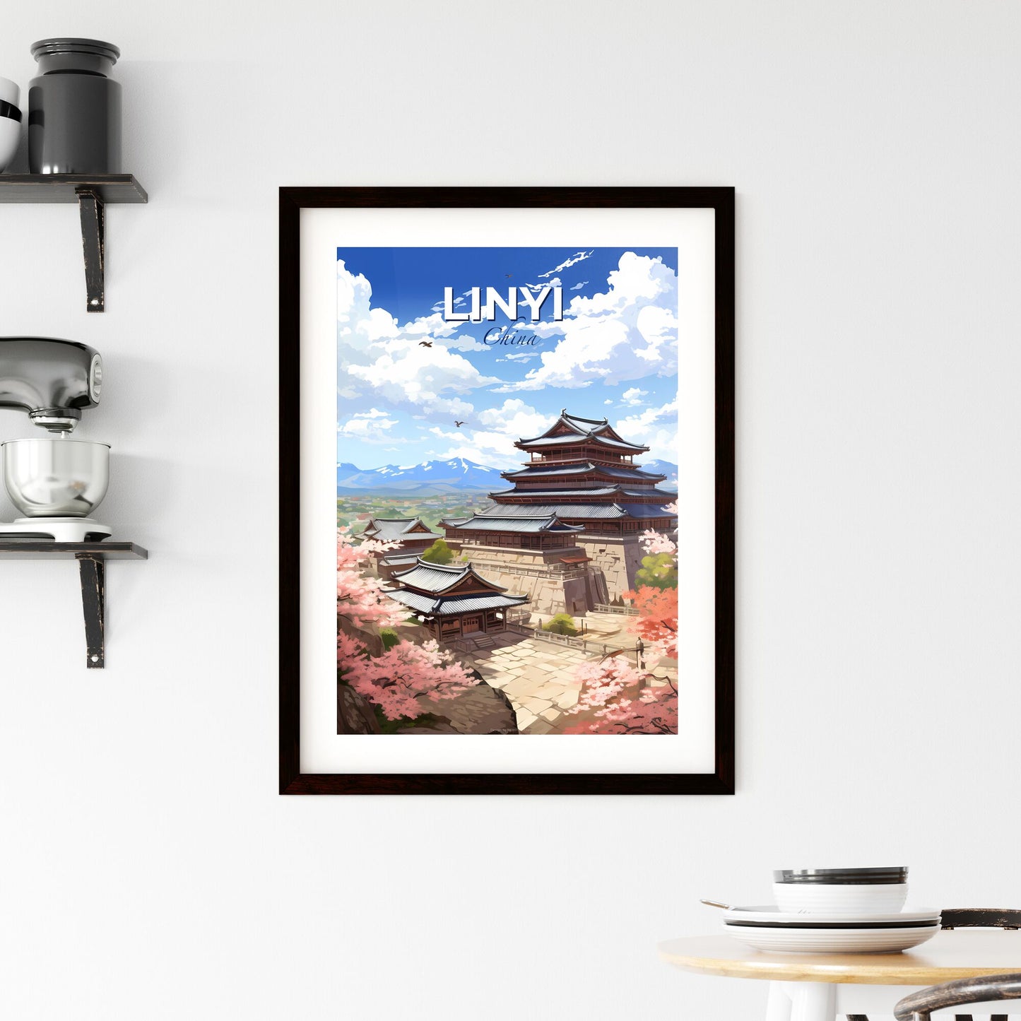 Painting of Linyi China Skyline featuring a Pagoda and Cherry Blossoms in Vibrant Colors Default Title