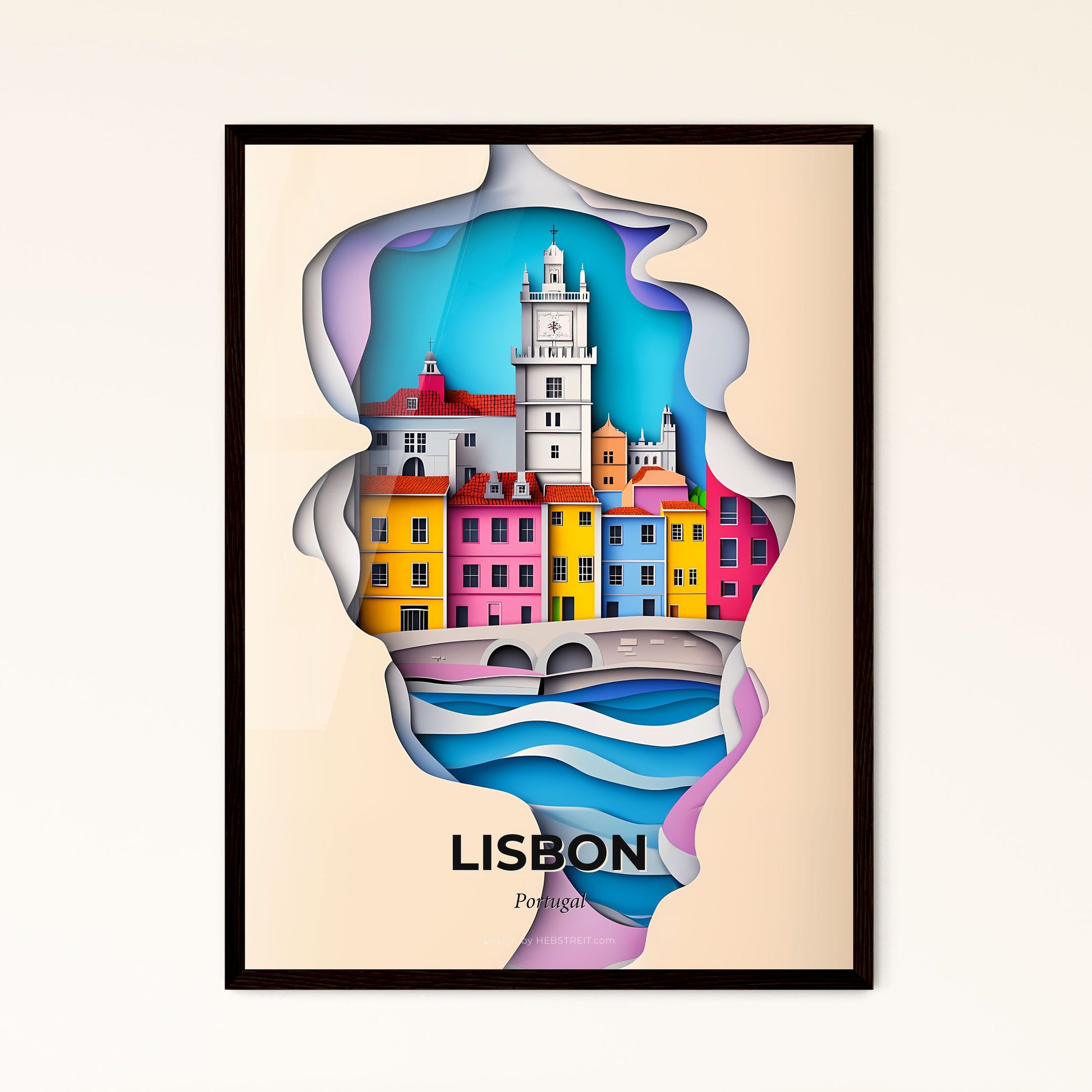 Vivid Lisbon, Portugal - a paper cut of a city with a bridge