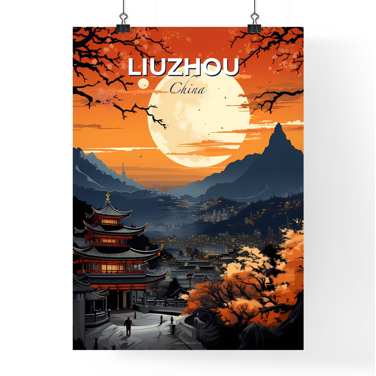 Stunning Cityscape Art: Vibrant Liuzhou Skyline with Majestic Lunar Glow Default Title