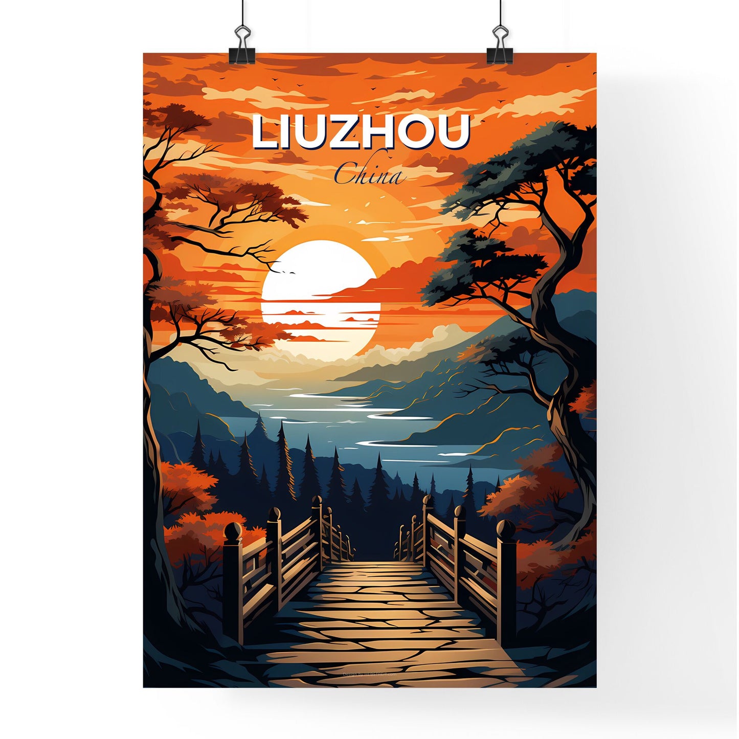 Liuzhou China Skyline Bridge River Trees Vibrant Painting Abstract Art Sunset Cityscape Default Title