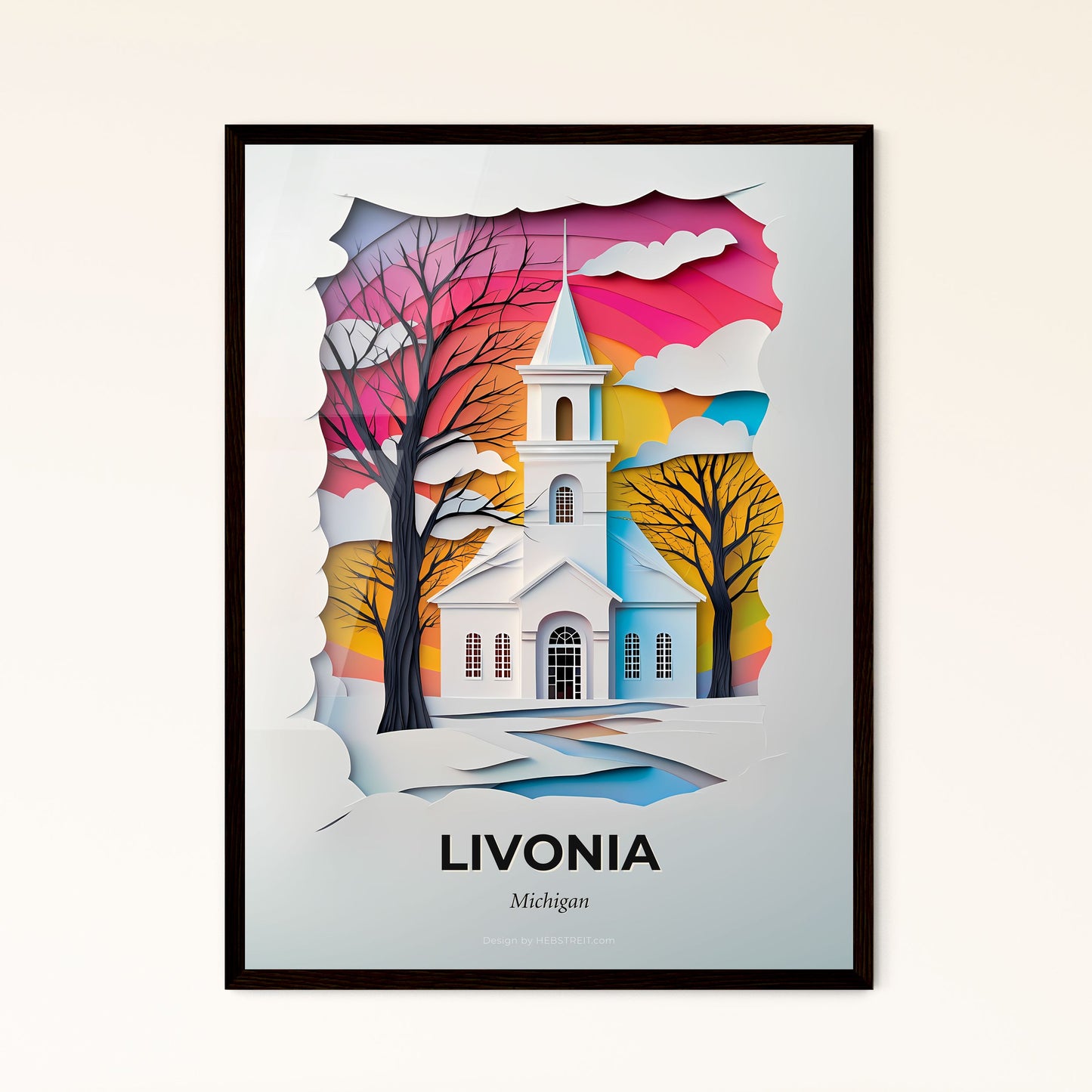 Vivid Livonia, Michigan - a paper cut of a church with a tree in the foreground