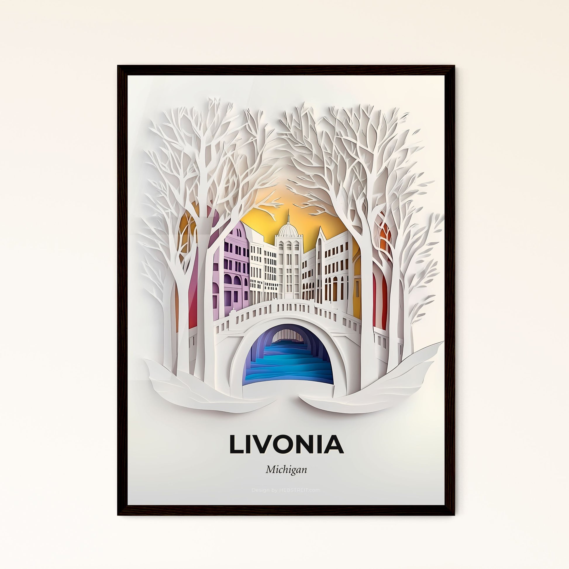 Vivid Livonia, Michigan - a paper cut of a bridge over a river