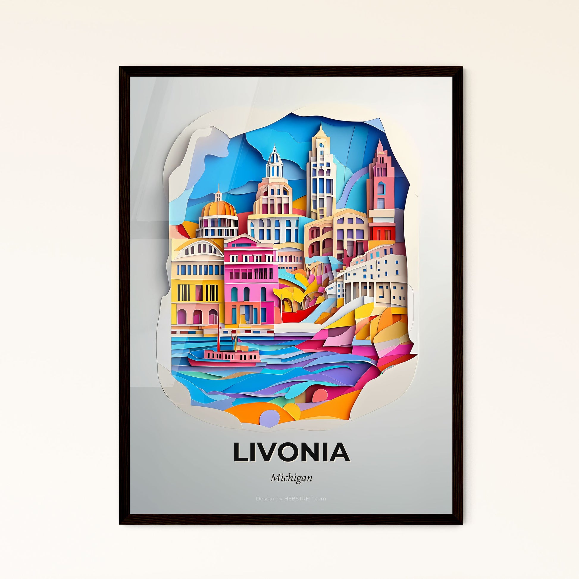 Vivid Livonia, Michigan - a paper cut of a city with a boat