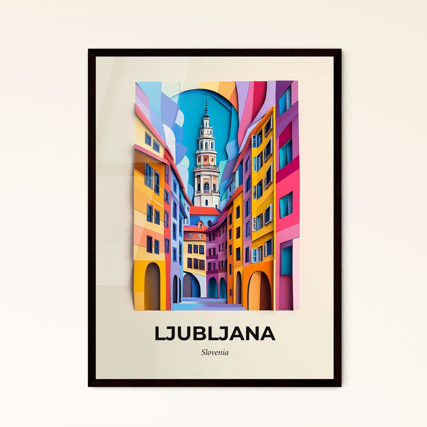 Vivid Ljubljana, Slovenia - a painting of a city street with a clock tower