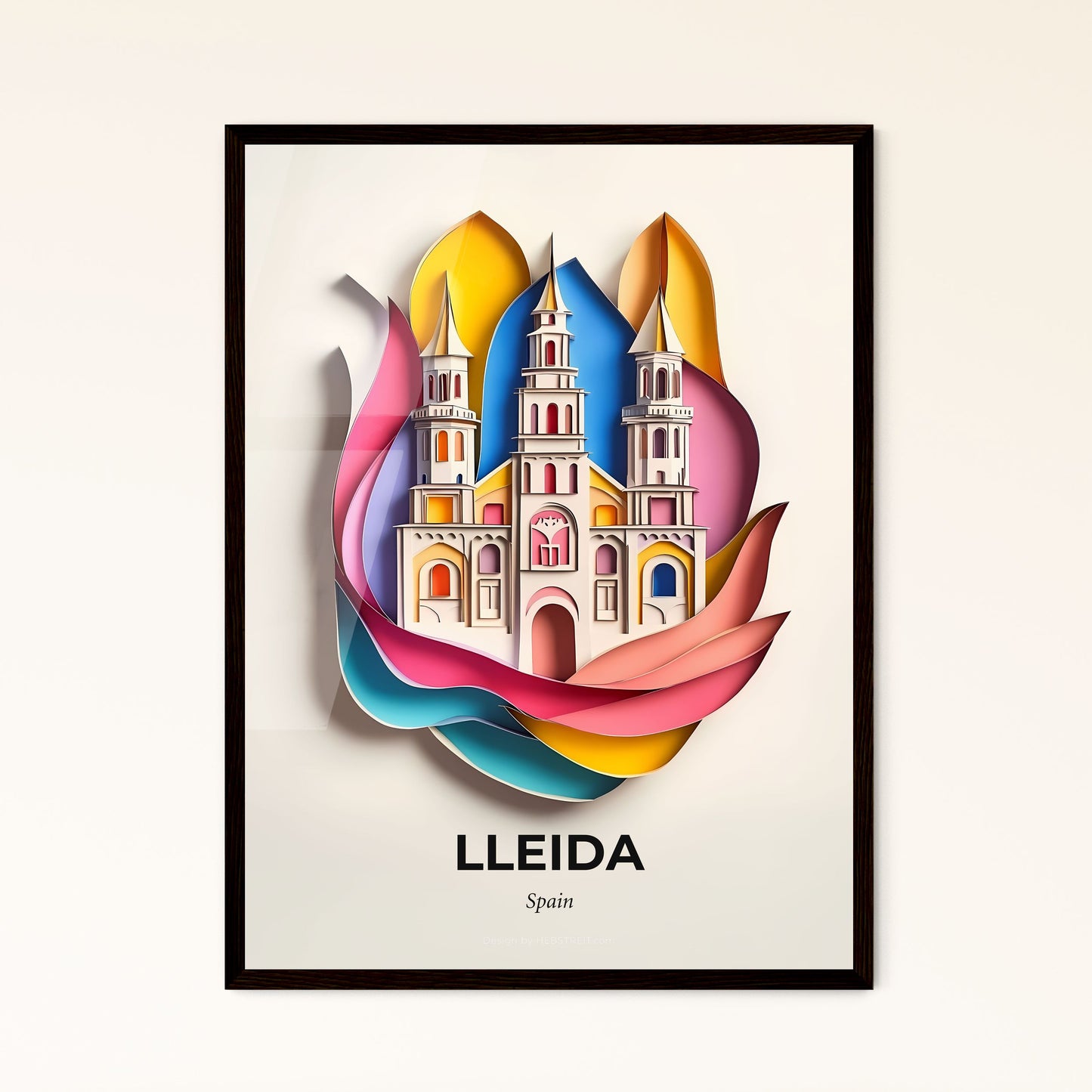 Vivid Lleida, Spain - a paper cut of a church with a rainbow ribbon