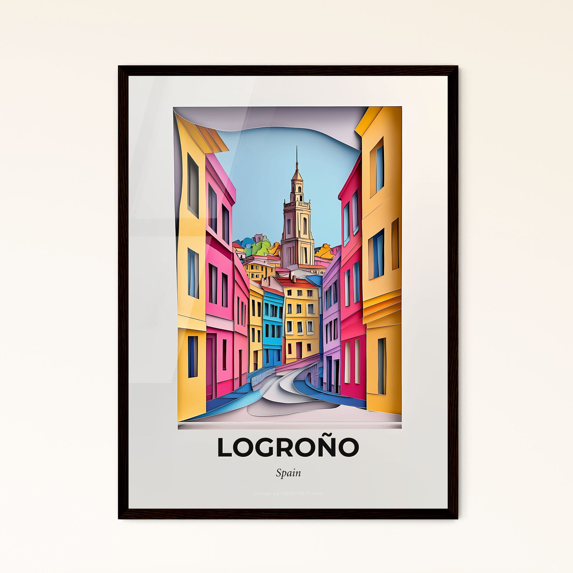 Vivid Logroño, Spain - a painting of a street with a clock tower in the background