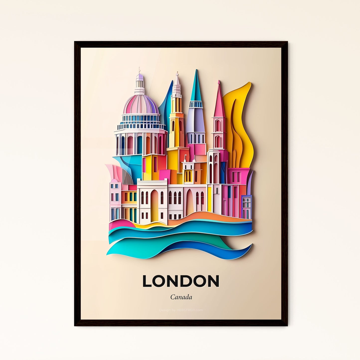 Vivid London, Canada - a paper cut of a city with a rainbow colored spire