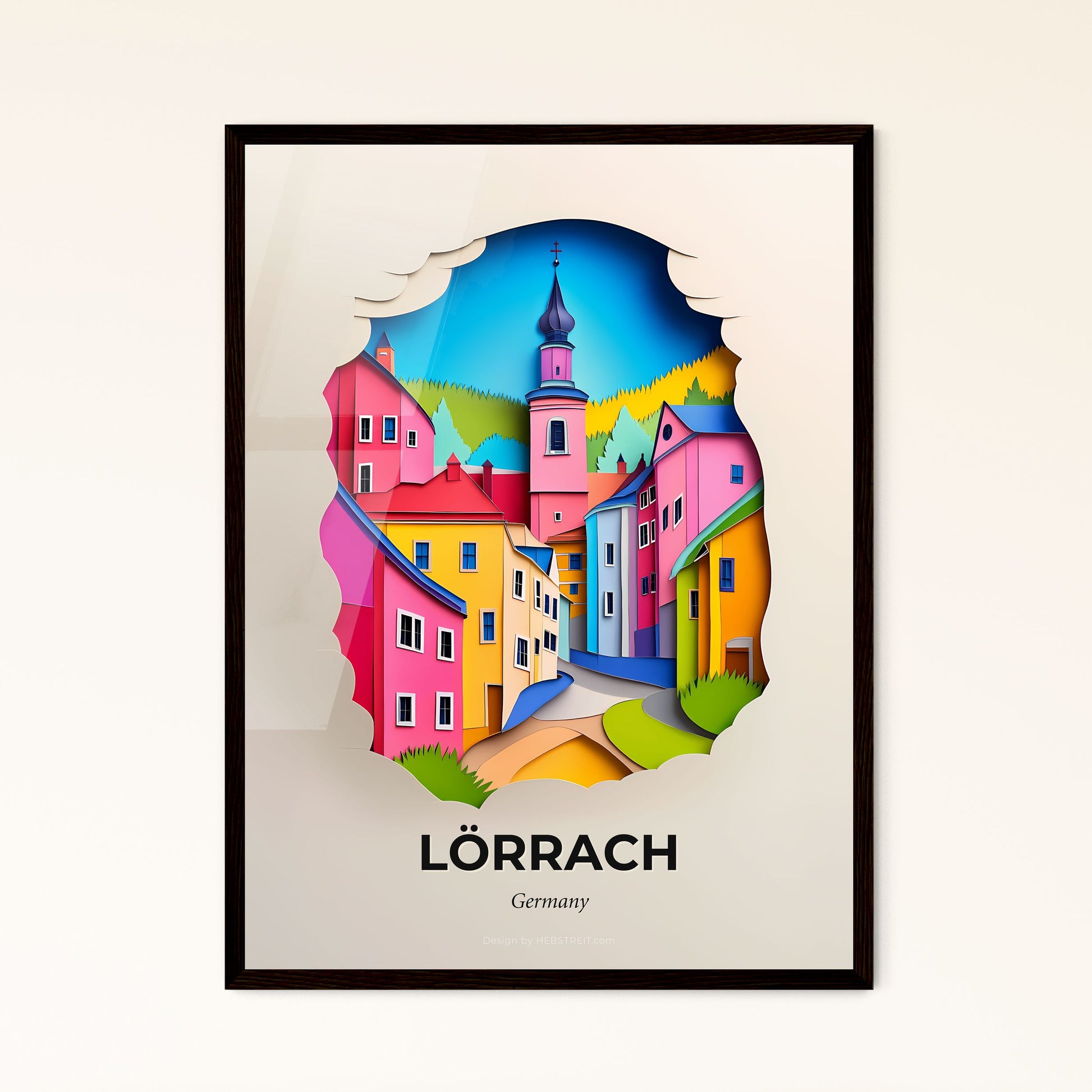 Vivid Lorrach, Germany - a paper cut of a colorful town with a church