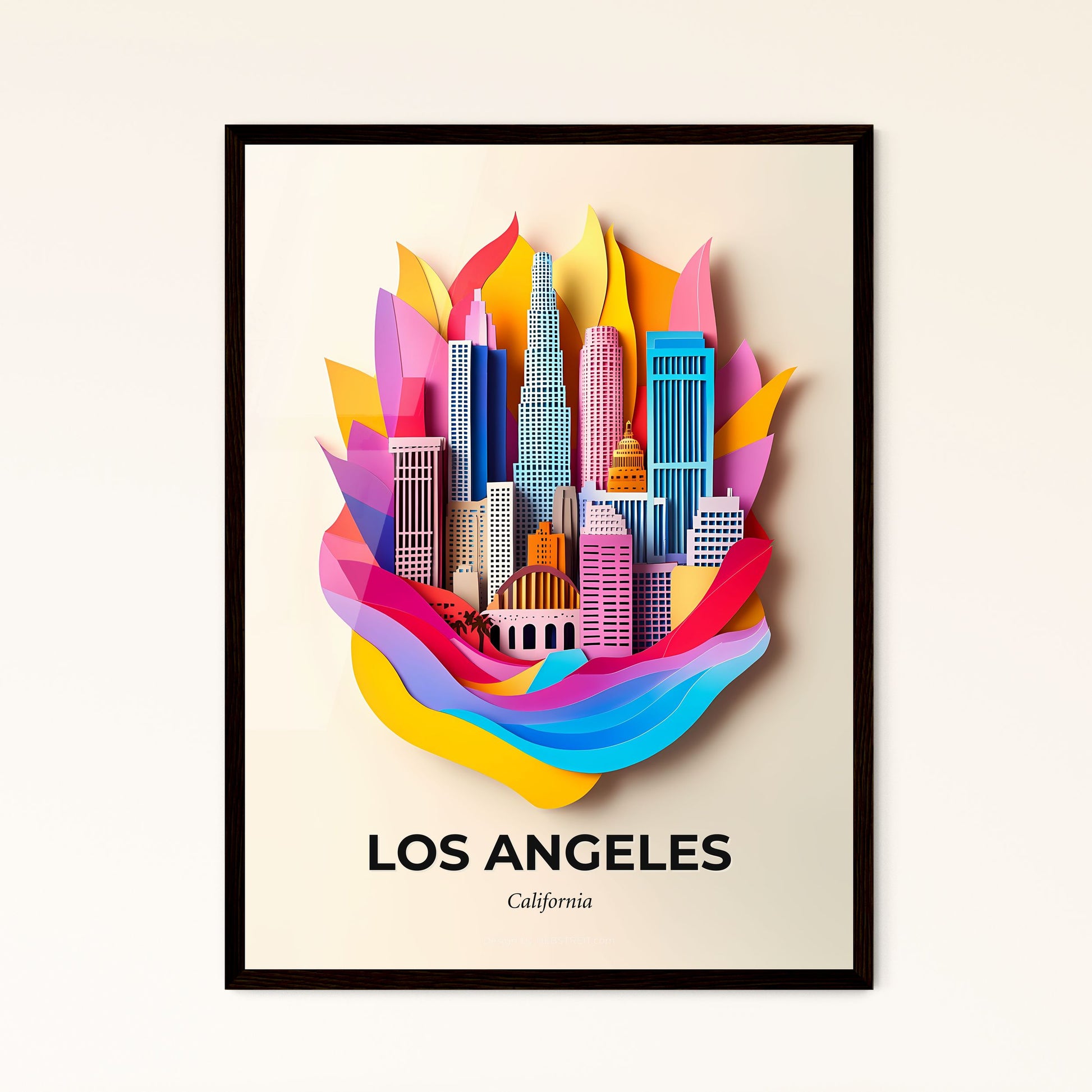 Vivid Los Angeles, California - a paper cut of a city with a rainbow colored leaf