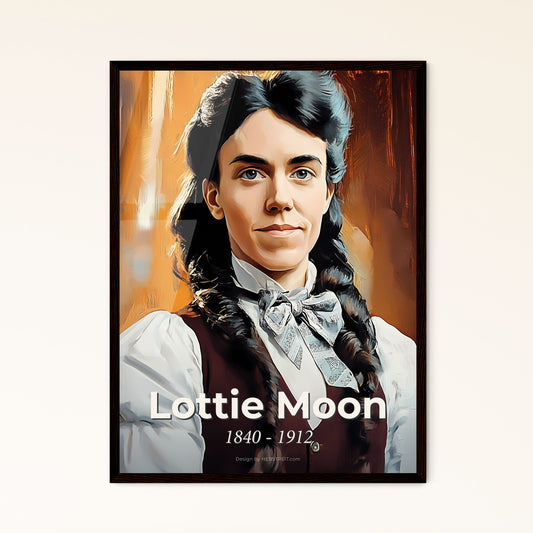 Portrait of Lottie Moon, 1840 - 1912. Impressionistic painting of a woman with braided hair and a bow tie.