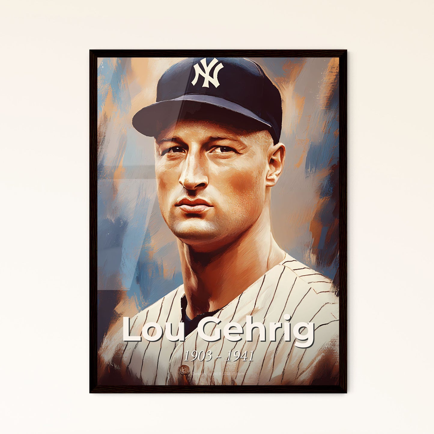 Portrait of Lou Gehrig, 1903 - 1941. Impressionistic painting of a man wearing a baseball cap.