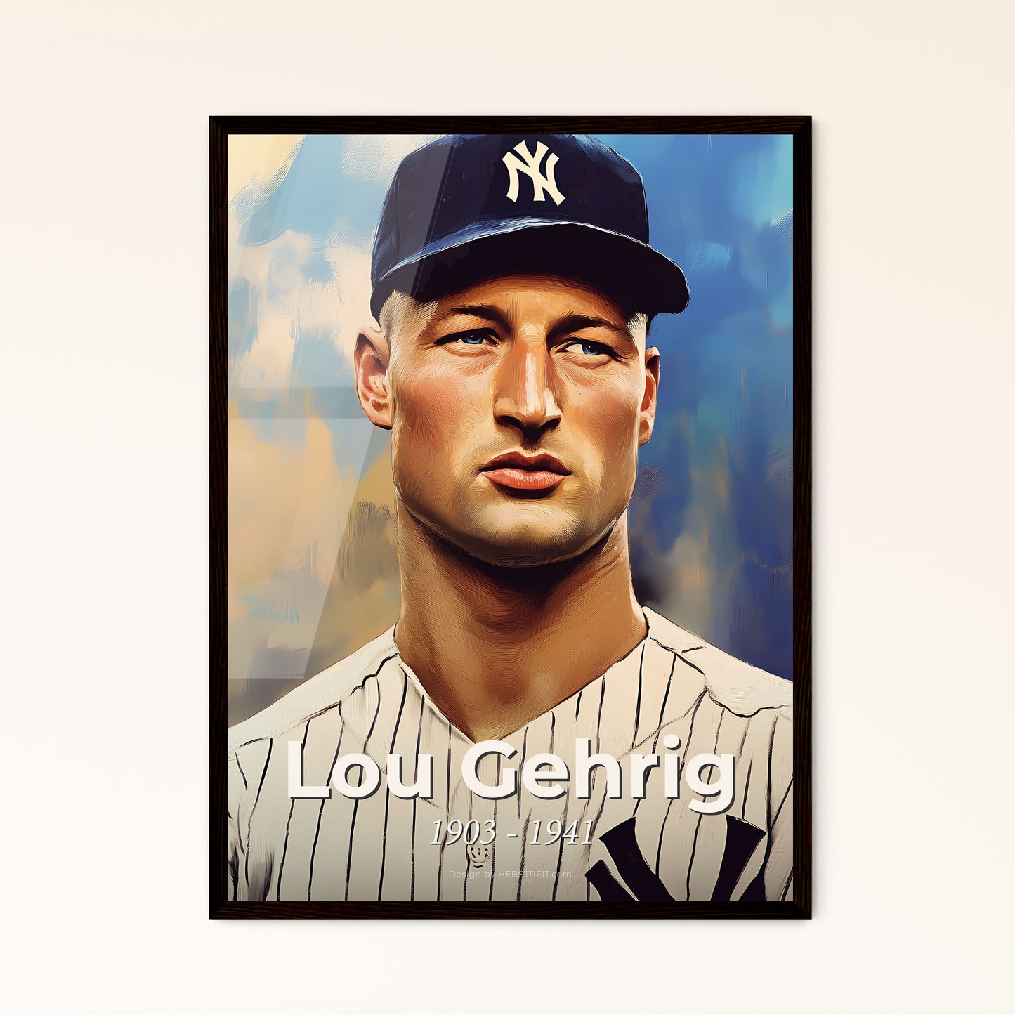 Portrait of Lou Gehrig, 1903 - 1941. Impressionistic painting of a man in a baseball uniform.