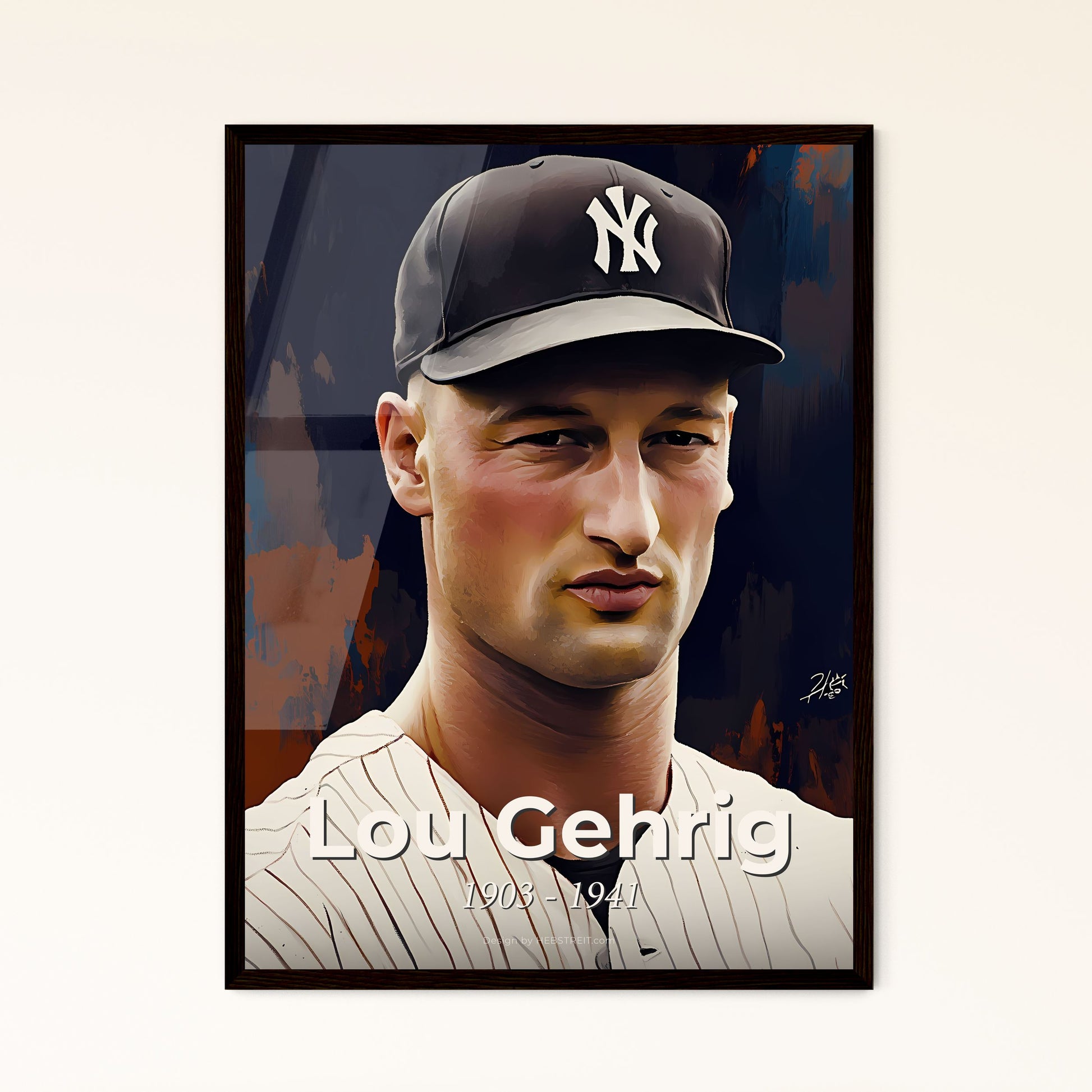 Portrait of Lou Gehrig, 1903 - 1941. Impressionistic painting of a man in a baseball uniform.