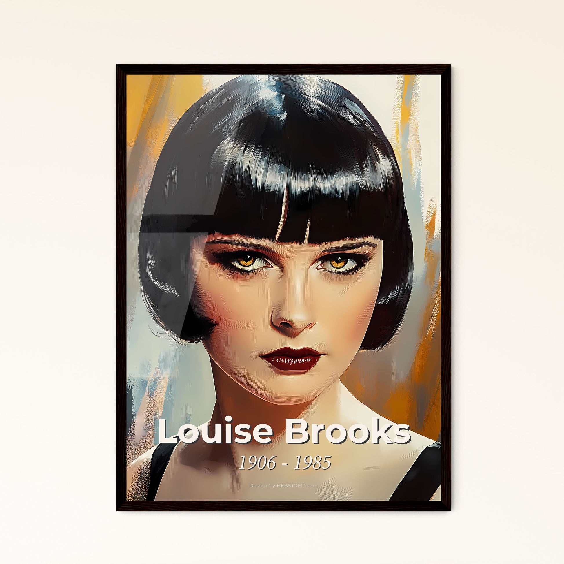 Portrait of Louise Brooks, 1906 - 1985. Impressionistic painting of a woman with short black hair and bright makeup.