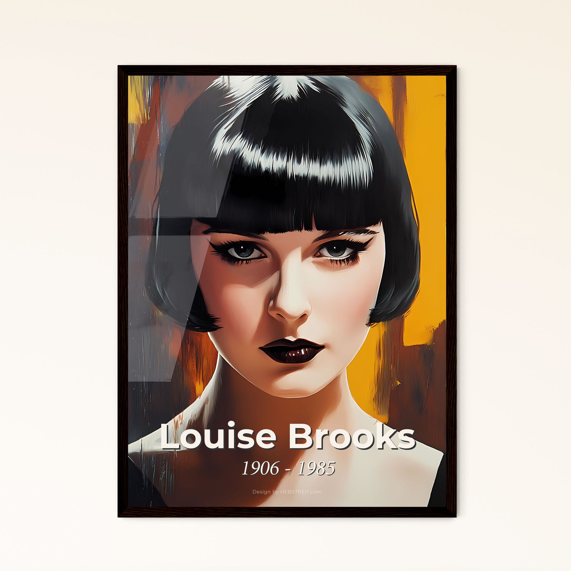 Portrait of Louise Brooks, 1906 - 1985. Impressionistic painting of a woman with black hair and makeup.